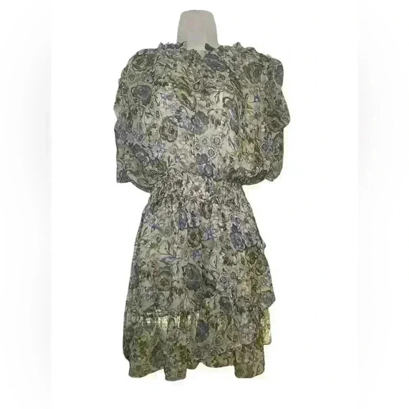 MISA Kayla Floral Ruffle Mini Dress NWT Beige Purple Print - Picture 4 of 7